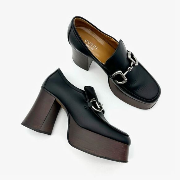 GUCCI Black Baby Horsebit Platform Heeled Loafer Size 37.5 US 7.5 Leather Chunky - Picture 1 of 14